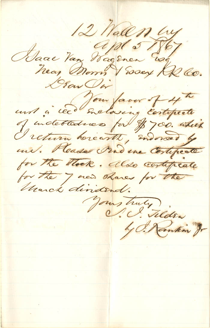 S.J. Tilden Letter signed by J. Rankin, Jr.